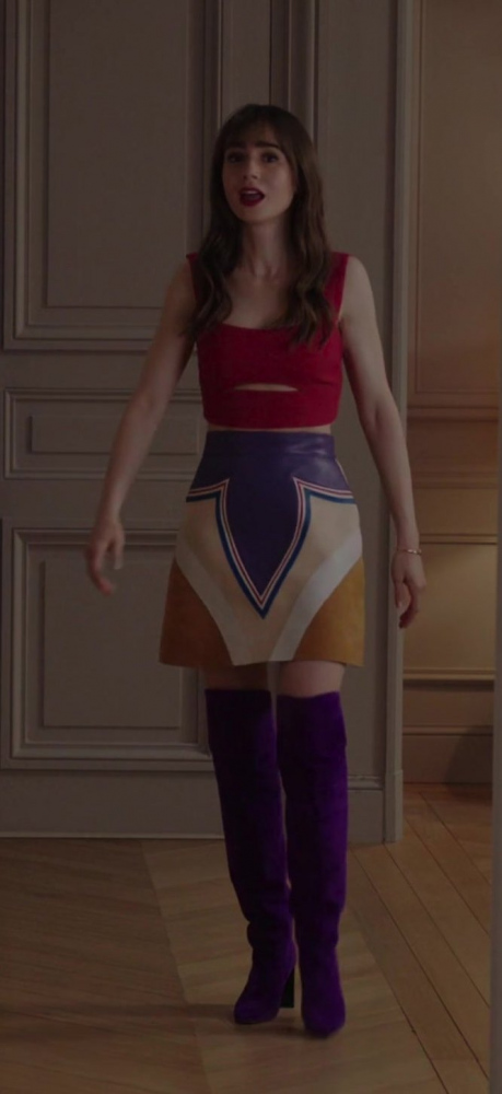 purple suede over-the-knee high heel boots - Lily Collins (Emily Cooper) - Emily in Paris TV Show