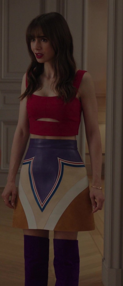 printed leather high-waisted a-line skirt - Lily Collins (Emily Cooper) - Emily in Paris TV Show