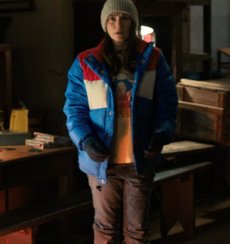 Blue/White/Red Puffer Jacket Worn by Winona Ryder as Joyce Byers Outfit Stranger Things TV Show