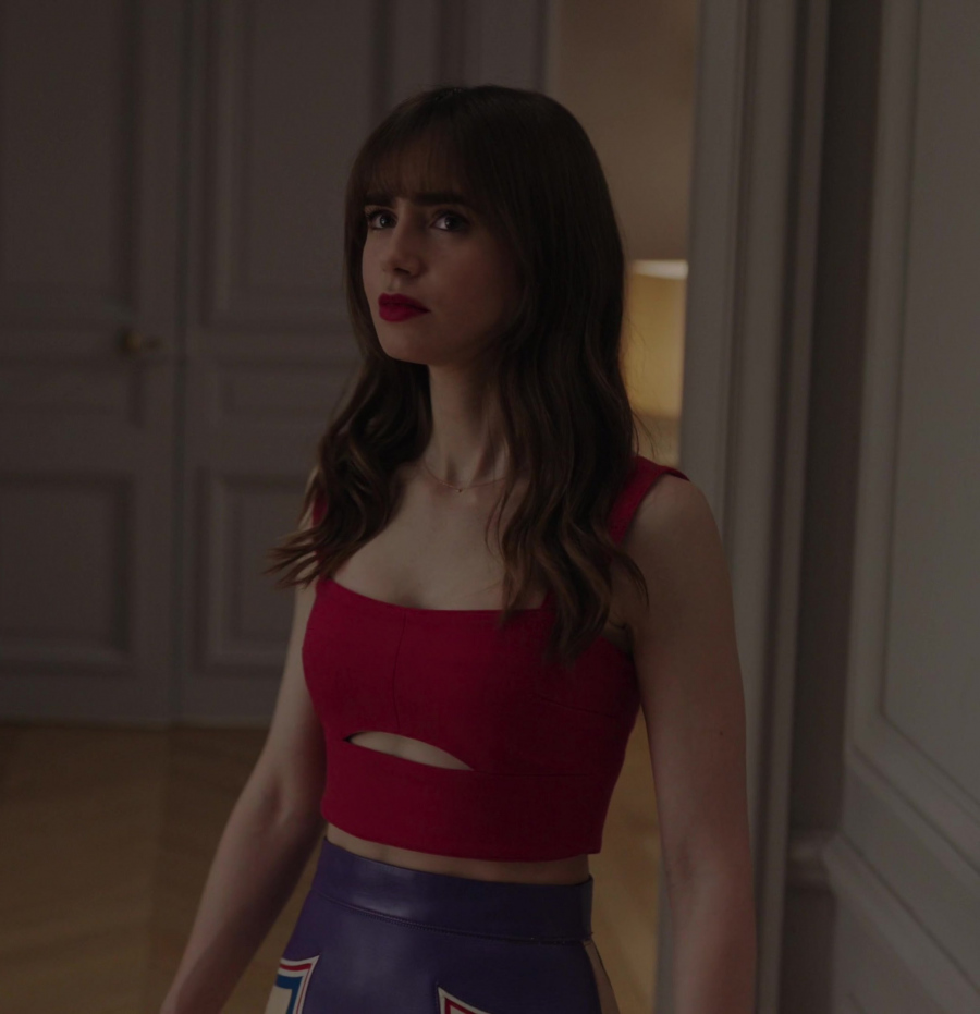 Red Cut Out Crop Top of Lily Collins as Emily Cooper