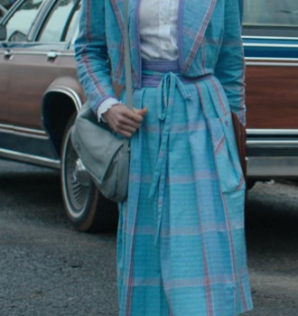 Blue Plaid Pattern Jacket and Skirt Suit of Natalia Dyer as Nancy Wheeler Outfit Stranger Things TV Show