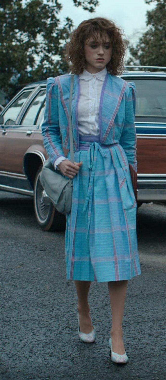 Blue Plaid Pattern Jacket and Skirt Suit of Natalia Dyer as Nancy Wheeler Outfit Stranger Things TV Show