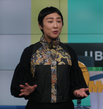 Black Floral Inset Print Top Worn by Greta Lee as Stella Bak Outfit The Morning Show TV Show