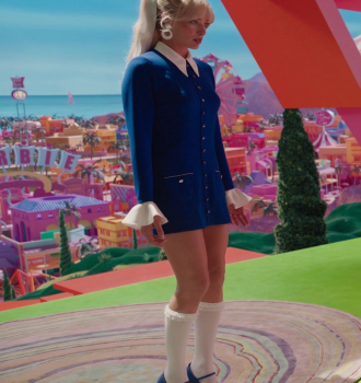 Blue Long Sleeve Button Up Mini Dress Worn by Margot Robbie Outfit Barbie (2023) Movie