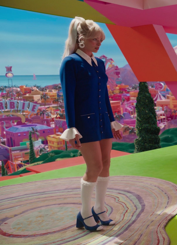 Blue Long Sleeve Button Up Mini Dress Worn by Margot Robbie from Barbie (2023) Movie