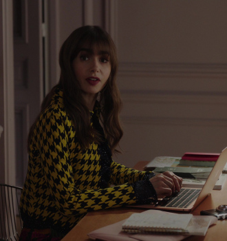 Yellow Houndstooth Blazer of Lily Collins as Emily Cooper Outfit Emily in Paris TV Show