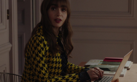 Yellow Houndstooth Blazer of Lily Collins as Emily Cooper Outfit Emily in Paris TV Show