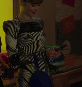 Geometrical Pattern Mini Knitted Dress Worn by Lily Collins as Emily Cooper Outfit Emily in Paris TV Show