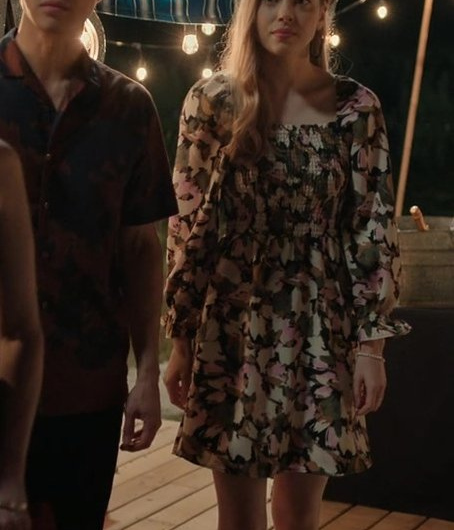 Floral Long Sleeve Shirred Mini Dress Worn by Sarah Dugdale as Lizzie