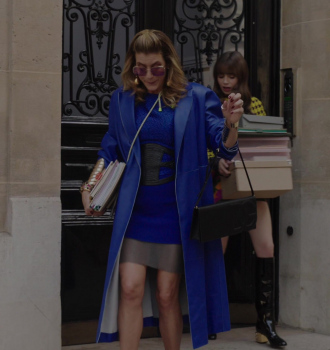 Blue Leather Coat of Kate Walsh as Madeline Outfit Emily in Paris TV Show