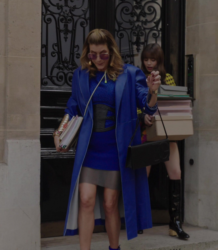 blue leather coat - Kate Walsh (Madeline) - Emily in Paris TV Show