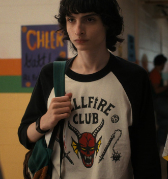 Black and White Hellfire Club Logo T-Shirt Worn by Finn Wolfhard as Mike Wheeler Outfit Stranger Things TV Show