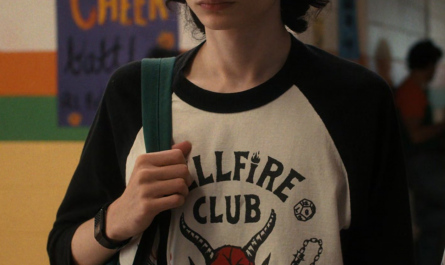 Black and White Hellfire Club Logo T-Shirt Worn by Finn Wolfhard as Mike Wheeler Outfit Stranger Things TV Show
