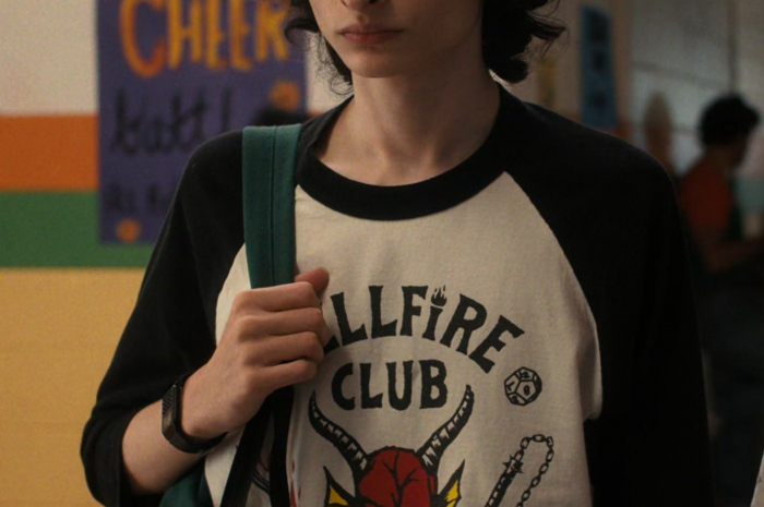 Black and White Hellfire Club Logo T-Shirt Worn by Finn Wolfhard as Mike Wheeler Outfit Stranger Things TV Show