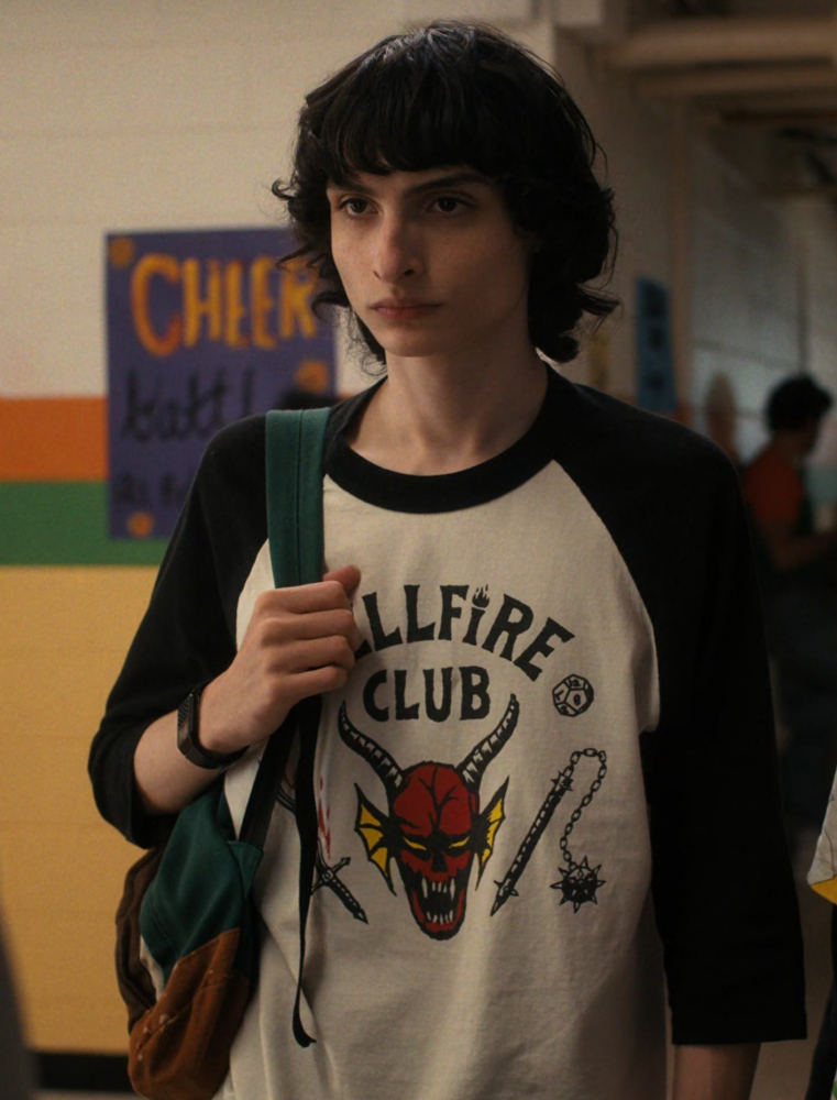 Black and White Hellfire Club Logo T-Shirt Worn by Finn Wolfhard as Mike Wheeler from Stranger Things TV Show