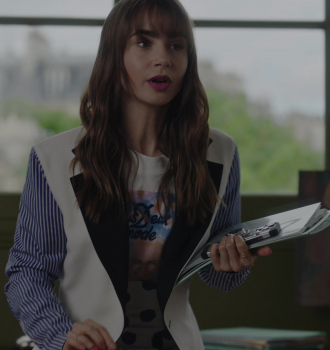 Reversible Blazer With Contrasted Sleeves Worn by Lily Collins as Emily Cooper Outfit Emily in Paris TV Show