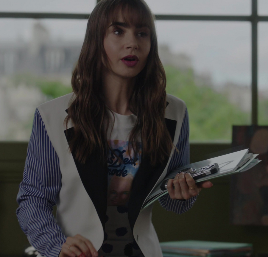 reversible blazer with contrasted sleeves - Lily Collins (Emily Cooper) - Emily in Paris TV Show