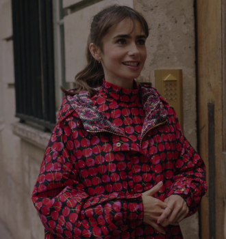 Cherry Print Oversized Jacket Worn by Lily Collins as Emily Cooper Outfit Emily in Paris TV Show