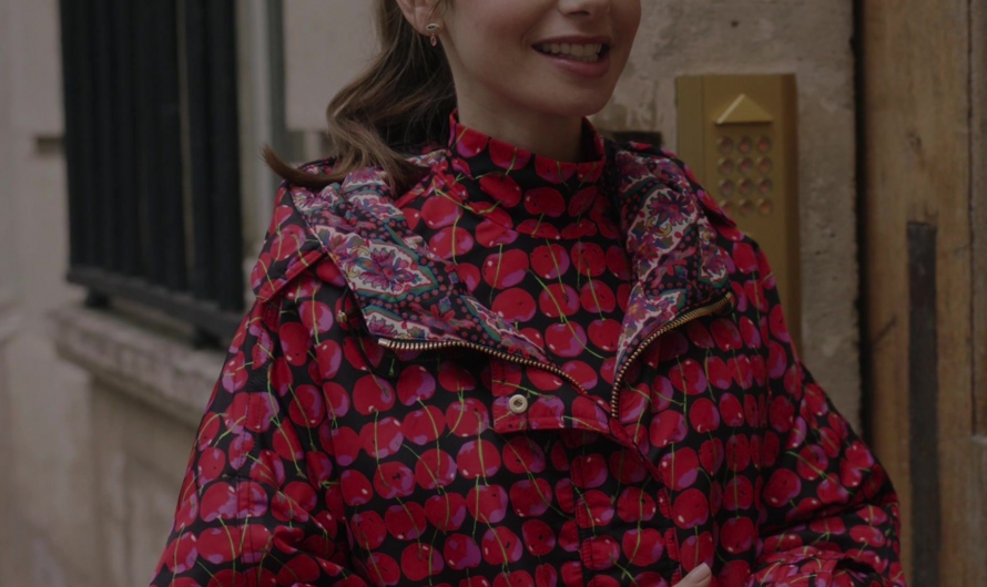Cherry Print Oversized Jacket Worn by Lily Collins as Emily Cooper