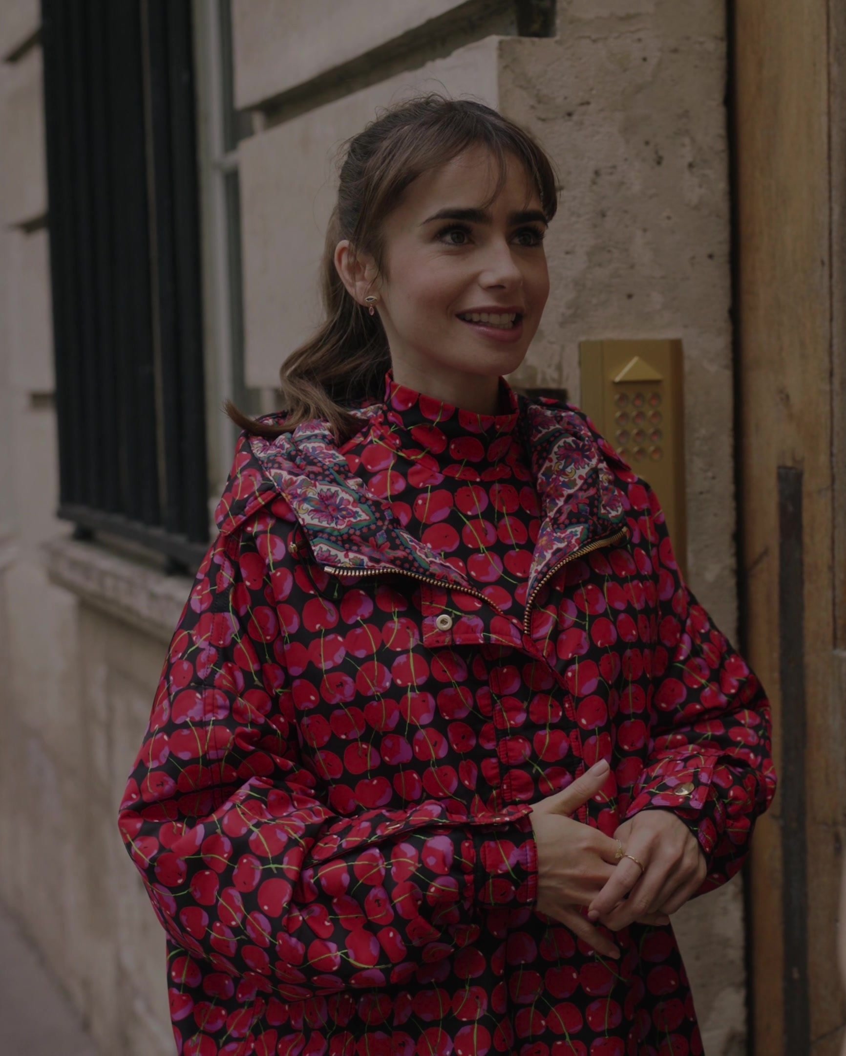 Worn on Emily in Paris TV Show - Cherry Print Oversized Jacket Worn by Lily Collins as Emily Cooper