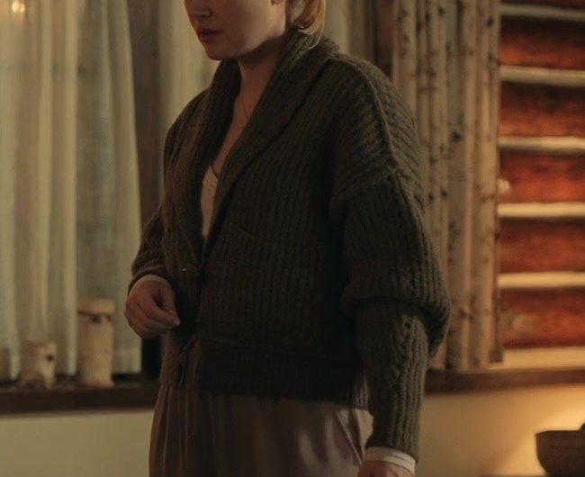Khaki Mid-Lenght Cardigan with Embroidered Back Worn by Alexandra Breckenridge as Mel Monroe
