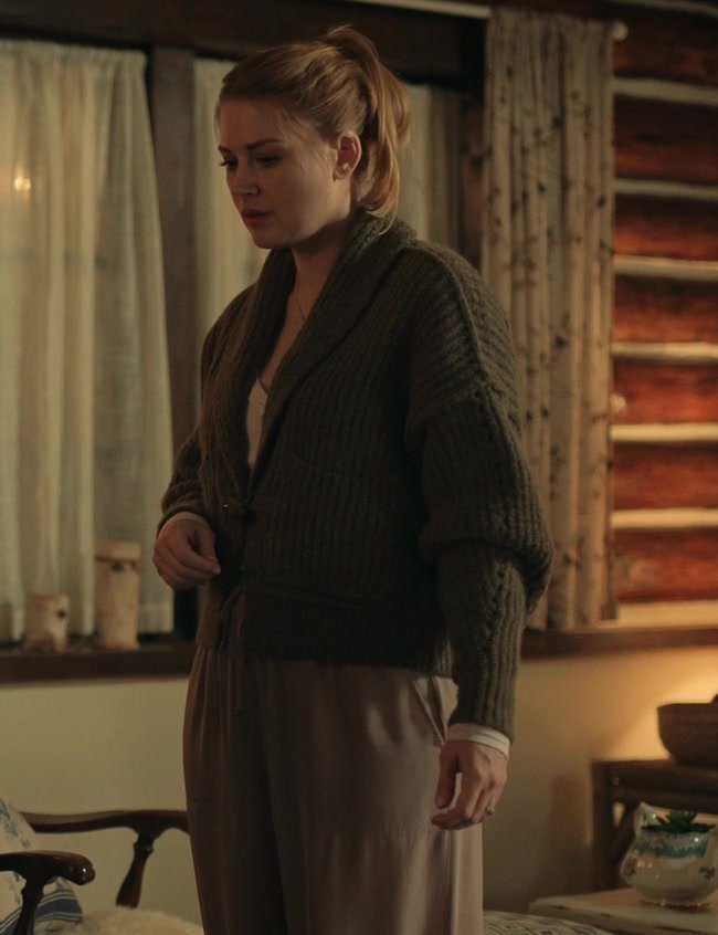 Khaki Mid-Lenght Cardigan with Embroidered Back Worn by Alexandra Breckenridge as Mel Monroe from Virgin River TV Show