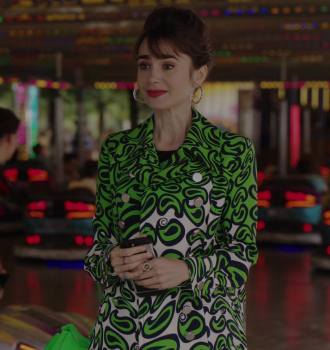 Green Patterned Coat of Lily Collins as Emily Cooper Outfit Emily in Paris TV Show