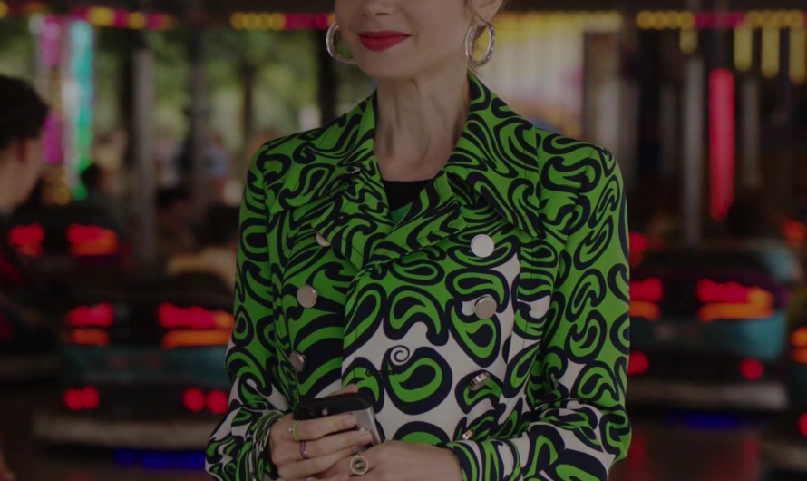 Green Patterned Coat of Lily Collins as Emily Cooper