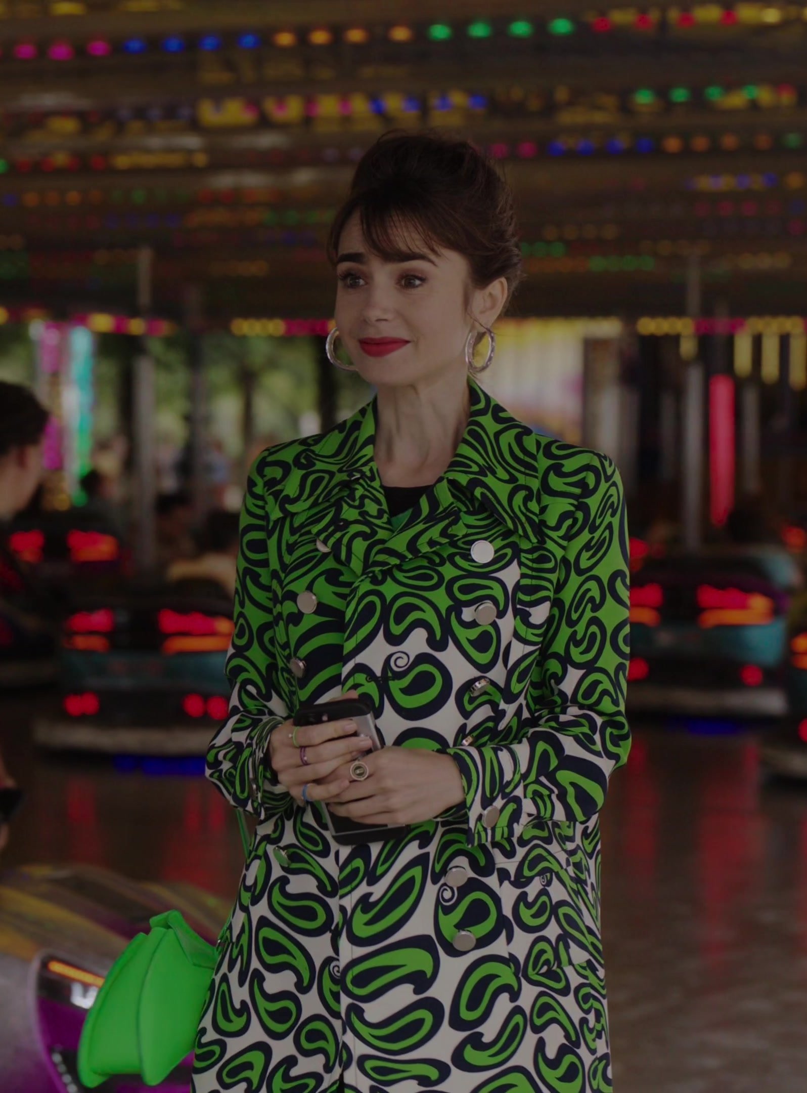 Worn on Emily in Paris TV Show - Green Patterned Coat of Lily Collins as Emily Cooper