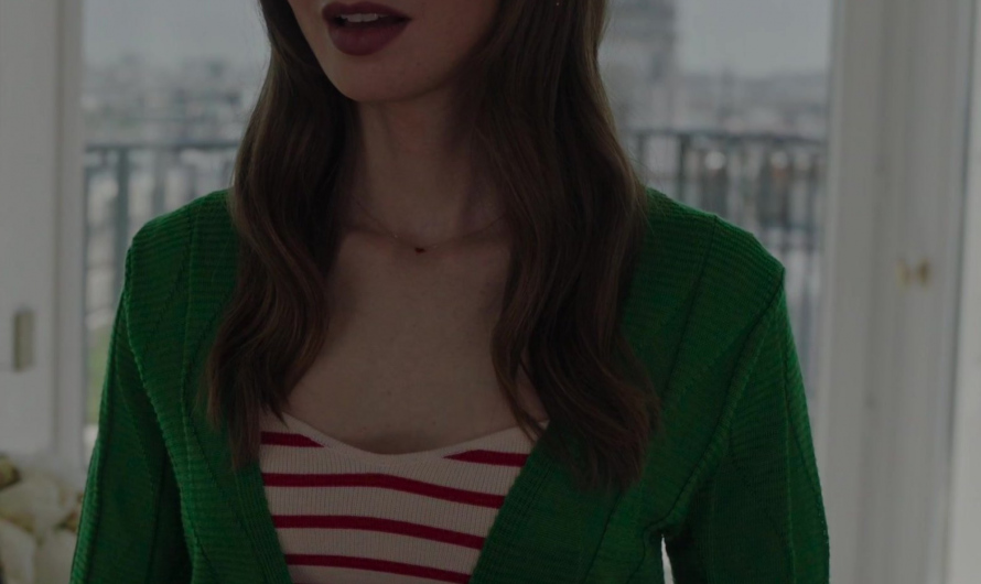 Green Crop Cardigan of Lily Collins as Emily Cooper