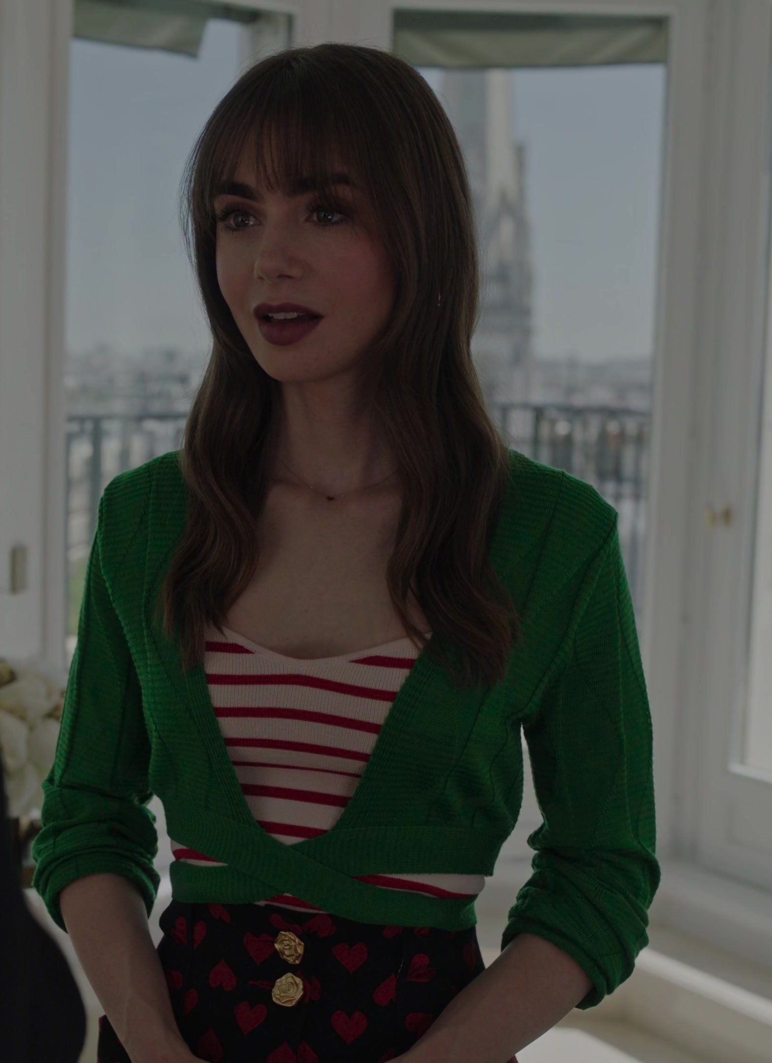 Worn on Emily in Paris TV Show - Green Crop Cardigan of Lily Collins as Emily Cooper