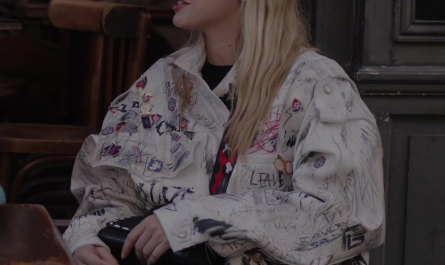 White Oversized Graffiti Jacket Worn by Camille Razat Outfit Emily in Paris TV Show