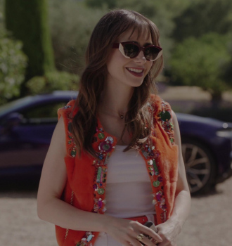 Orange Embellished Vest Worn by Lily Collins as Emily Cooper Outfit Emily in Paris TV Show