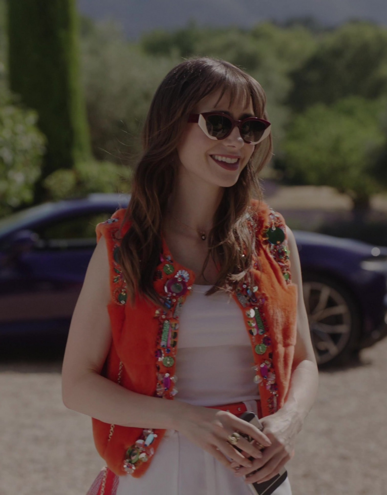 orange embellished vest - Lily Collins (Emily Cooper) - Emily in Paris TV Show