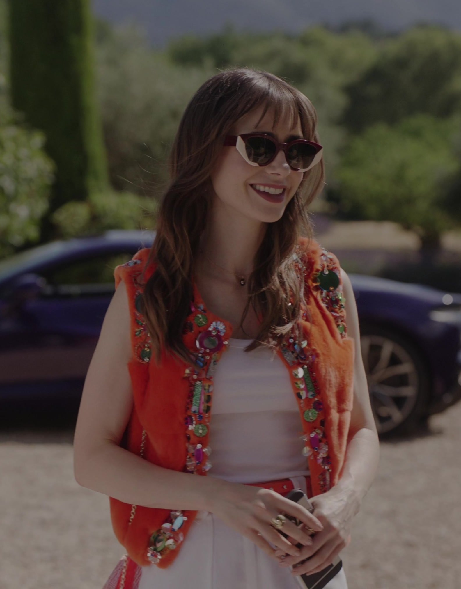 Worn on Emily in Paris TV Show - Orange Embellished Vest Worn by Lily Collins as Emily Cooper
