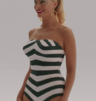 Worn on Barbie (2023) Movie - Striped One-Piece Swimsuit of Margot Robbie