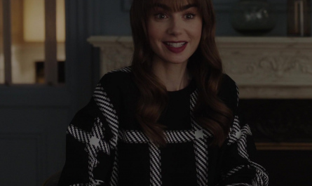 Oversized Checked Knit Sweater of Lily Collins as Emily Cooper Outfit Emily in Paris TV Show