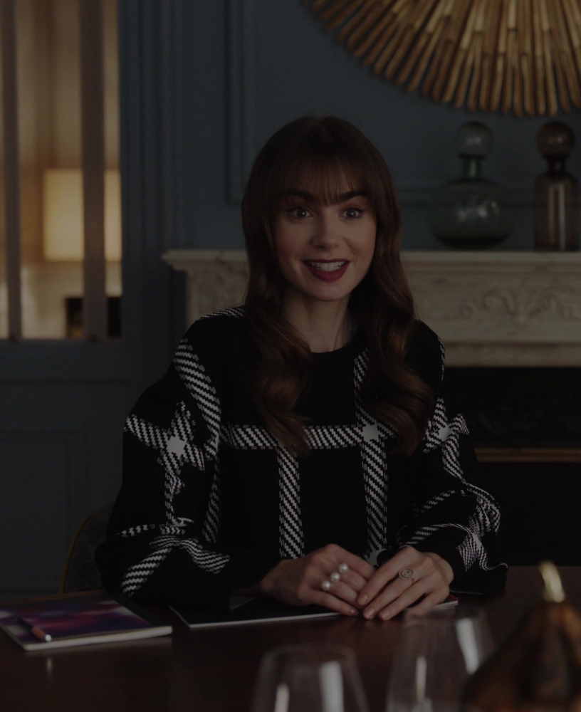 oversized checked knit sweater - Lily Collins (Emily Cooper) - Emily in Paris TV Show