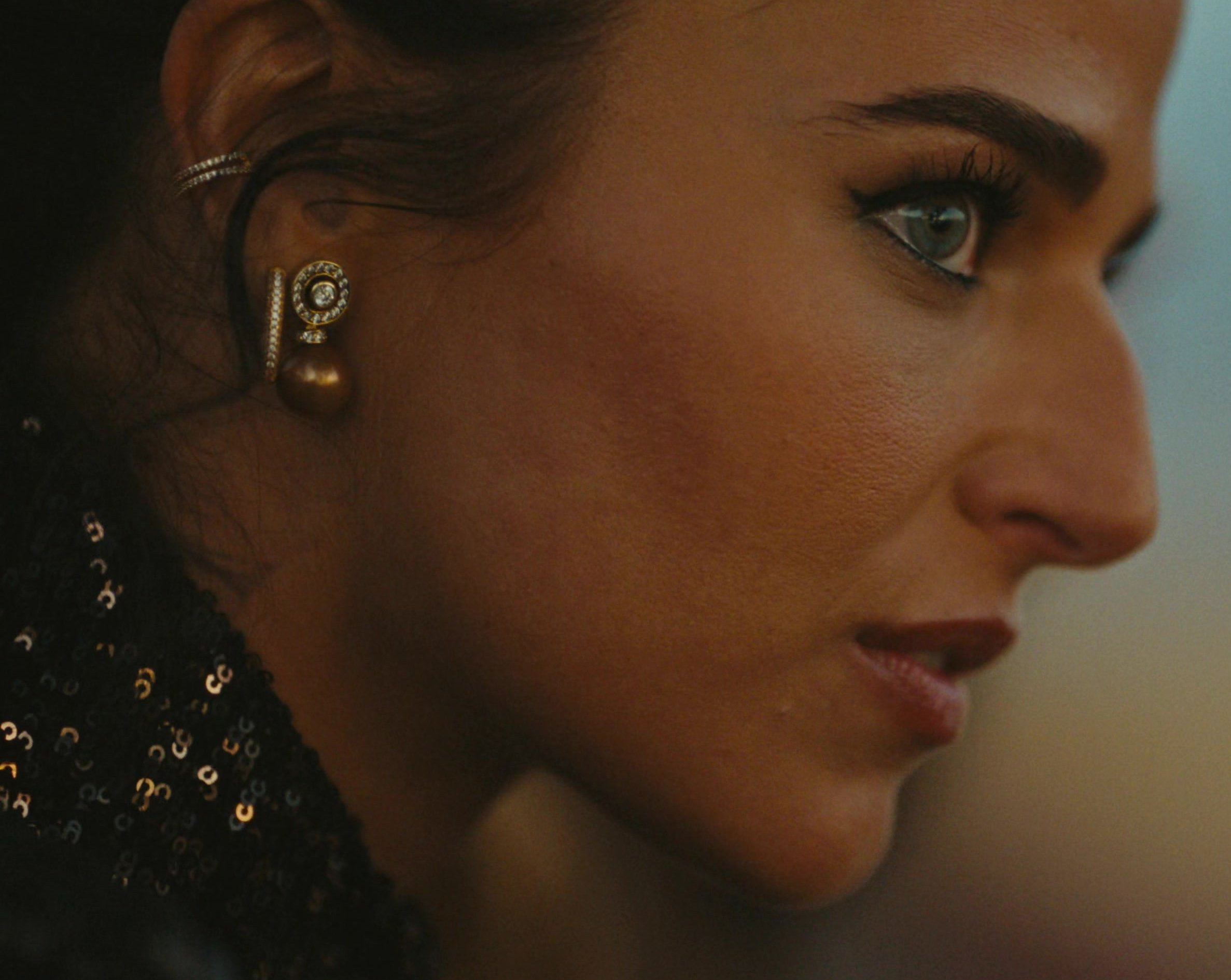 Worn on Special Ops: Lioness TV Show - Ball Statement Gold Pearl Earrings of Stephanie Nur as Aaliyah Amrohi