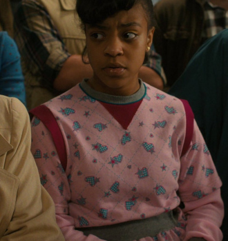 Pink Heart and Star Print Sweater Worn by Priah Ferguson as Erica Sinclair Outfit Stranger Things TV Show
