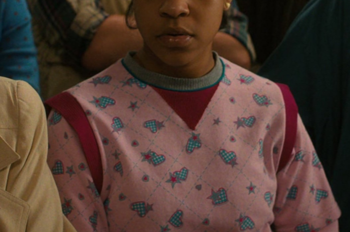 Pink Heart and Star Print Sweater Worn by Priah Ferguson as Erica Sinclair Outfit Stranger Things TV Show