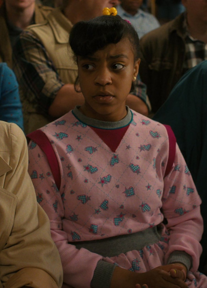 Pink Heart and Star Print Sweater Worn by Priah Ferguson as Erica Sinclair from Stranger Things TV Show