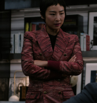 Red Pattern Blazer of Greta Lee as Stella Bak Outfit The Morning Show TV Show
