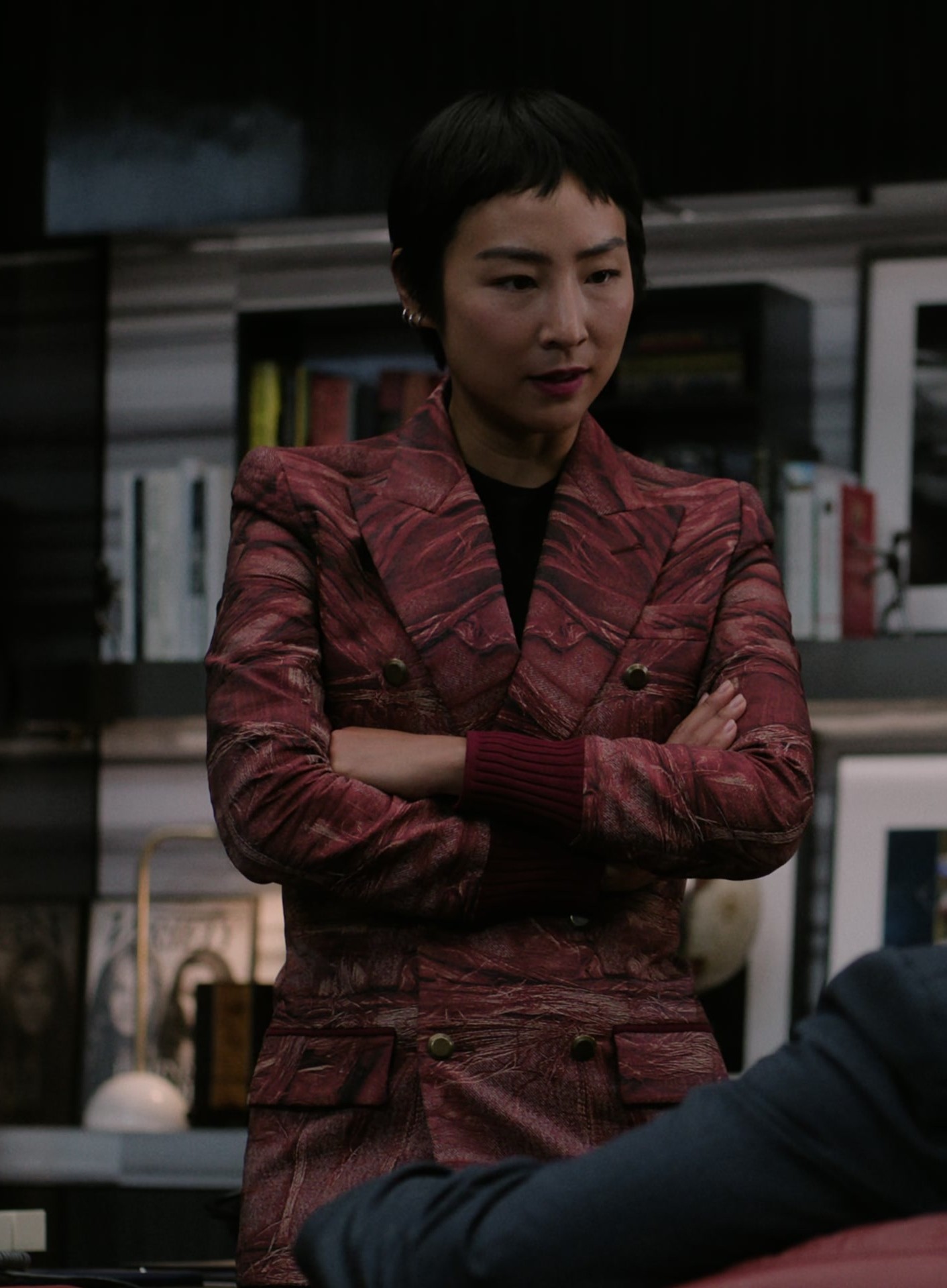 Red Pattern Blazer of Greta Lee as Stella Bak