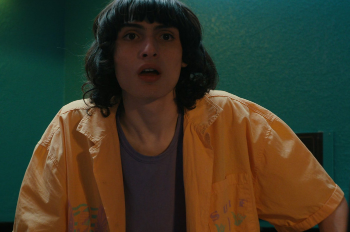 Orange Surf Print Shirt of Finn Wolfhard as Mike Wheeler Outfit Stranger Things TV Show