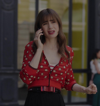 Red Sheer Polka Dot Bomber Jacket of Lily Collins as Emily Cooper Outfit Emily in Paris TV Show