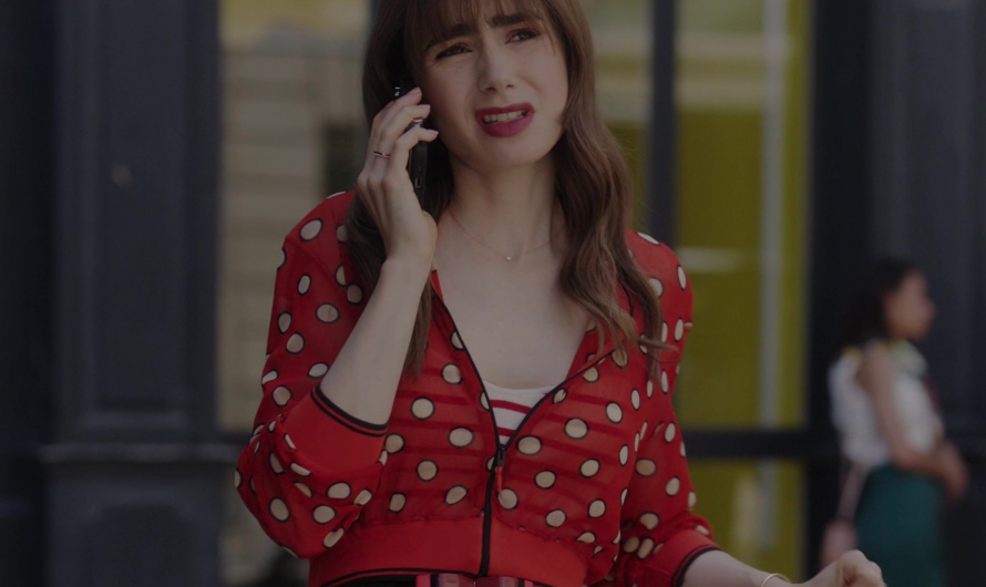Red Sheer Polka Dot Bomber Jacket of Lily Collins as Emily Cooper