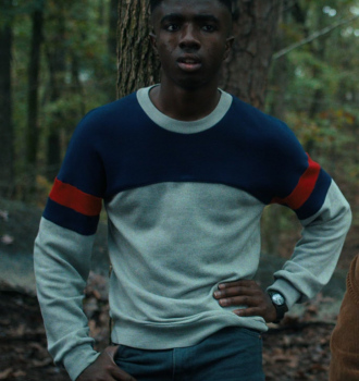 Blue / Grey / Red Sweatshirt Worn by Caleb McLaughlin as Lucas Sinclair Outfit Stranger Things TV Show