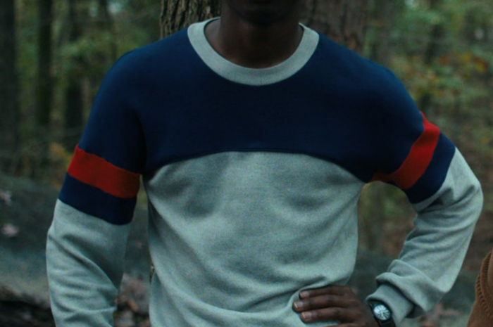 Blue / Grey / Red Sweatshirt Worn by Caleb McLaughlin as Lucas Sinclair Outfit Stranger Things TV Show