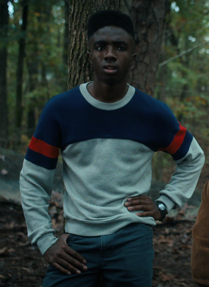 blue / grey / red sweatshirt - Caleb McLaughlin (Lucas Sinclair) - Stranger Things TV Show